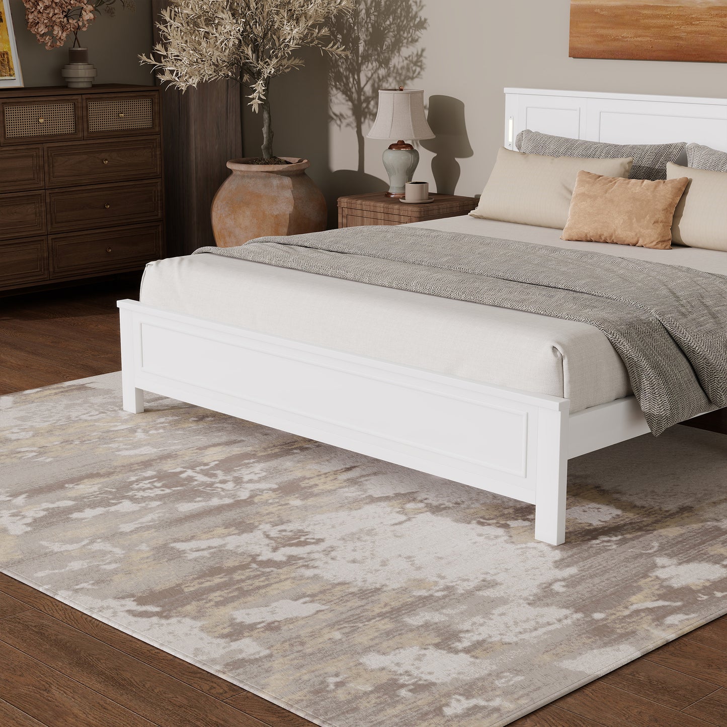 Sesslife King Size Bed Frame with Headboard & Footboard, Wood Platform Bed with Built-in LED Lights, Charging Station, Modern Farmhouse King Bed Frame with Slats, No Box Spring Needed, Walnut