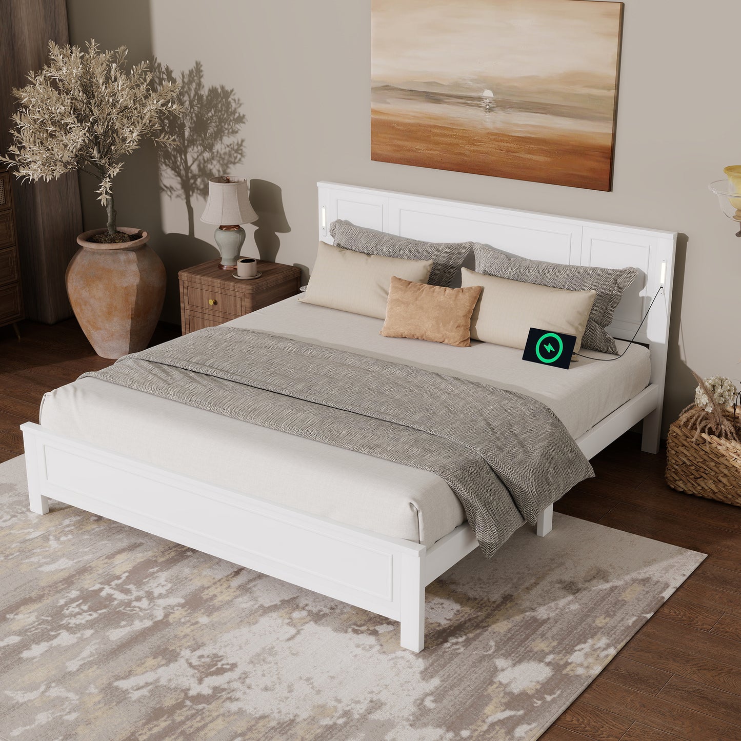 Sesslife King Size Bed Frame with Headboard & Footboard, Wood Platform Bed with Built-in LED Lights, Charging Station, Modern Farmhouse King Bed Frame with Slats, No Box Spring Needed, Walnut