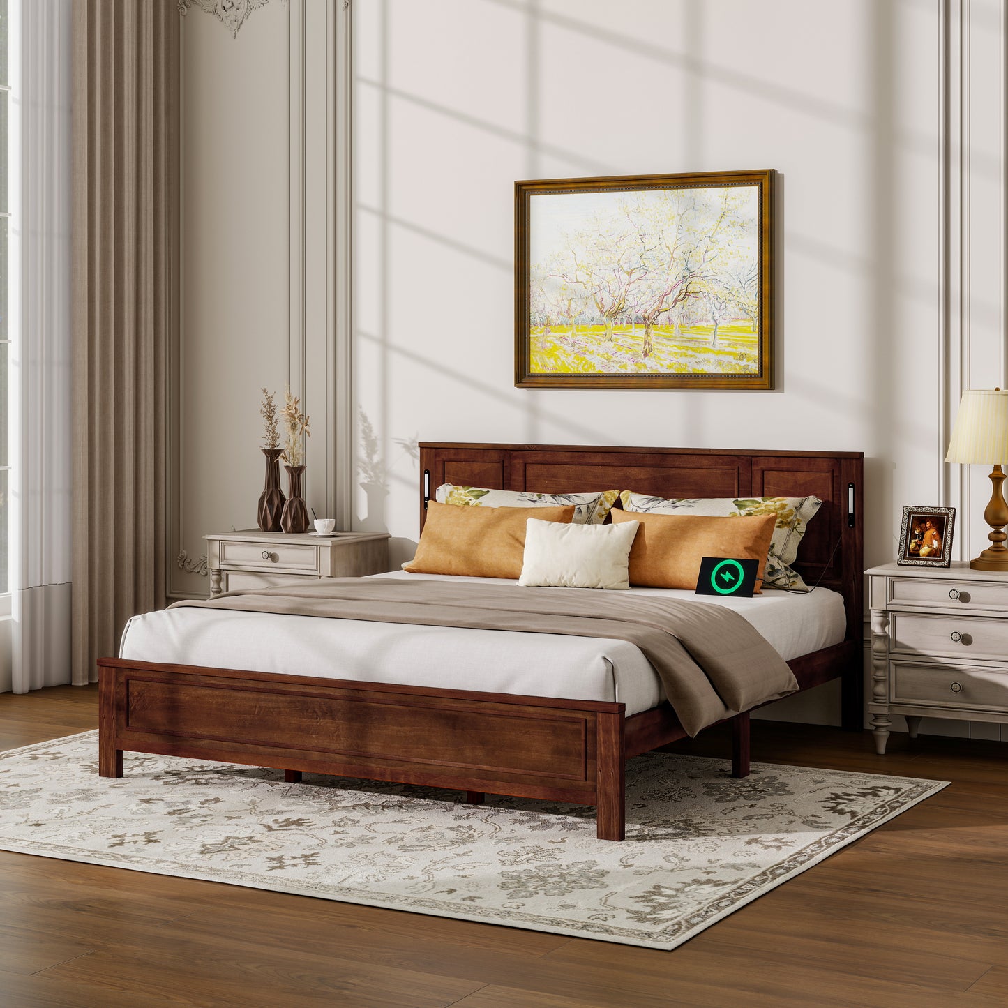 Sesslife King Size Bed Frame with Headboard & Footboard, Wood Platform Bed with Built-in LED Lights, Charging Station, Modern Farmhouse King Bed Frame with Slats, No Box Spring Needed, Walnut