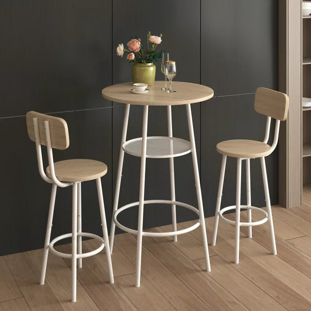 SESSLIFE 3-Piece Round Bar Table Set for 2, Wood Tabletop and Chairs with Back, Small Dining Table for Kitchen Breakfast Nook Living Room Dinette (Brown)