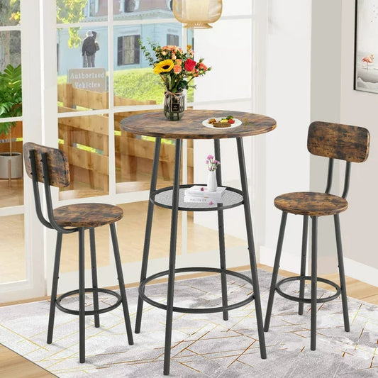 SESSLIFE 3-Piece Round Bar Table Set for 2, Wood Tabletop and Chairs with Back, Small Dining Table for Kitchen Breakfast Nook Living Room Dinette (Brown)