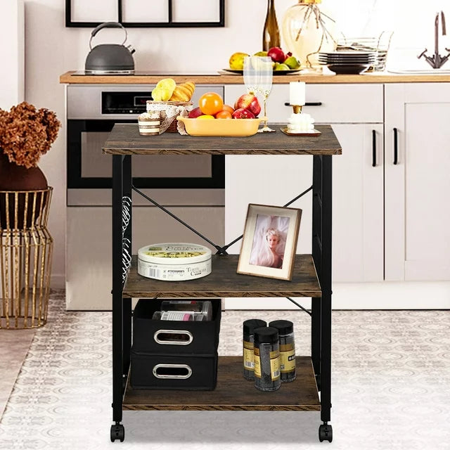 SESSLIFE 3 Tiers Kitchen Storage Cart, Kitchen Island with 4 Hooks, Black Oven Stand Coffee Bar with Metal Frame, Multifunctional Workstation for Kitchen, Living Room