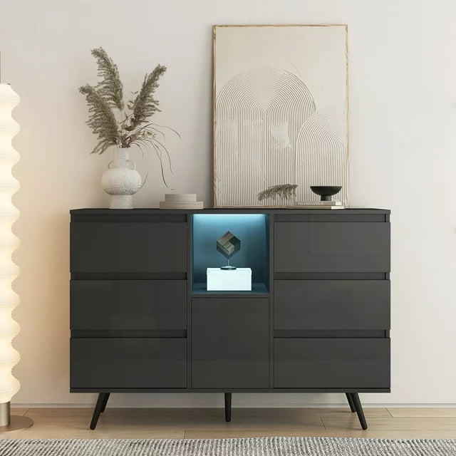 SESSLIFE Modern High Gloss Sideboard Buffet Storage Cabinet with 16 LED Lights and 2 Doors, Black Cupboard for Kitchen, Dining Room and Living Room