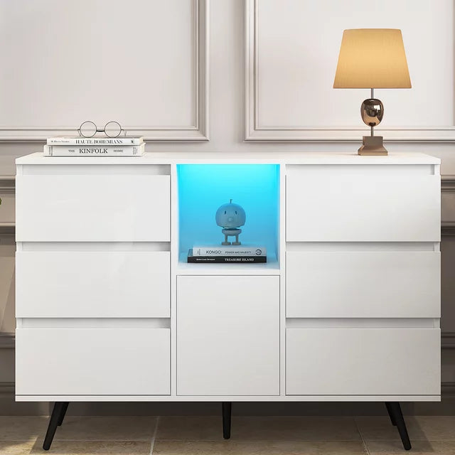 SESSLIFE Modern High Gloss Sideboard Buffet Storage Cabinet with 16 LED Lights and 2 Doors, Black Cupboard for Kitchen, Dining Room and Living Room