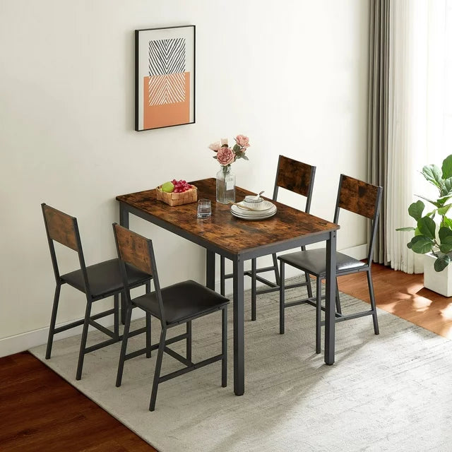 Dining Set for 4, Industrial Dining Room Table and Chairs Set, 5 Piece Wood Kitchen Rectangle Table and Chairs with Backrest Set, Patio Restaurant Bistro Table Set, Brown