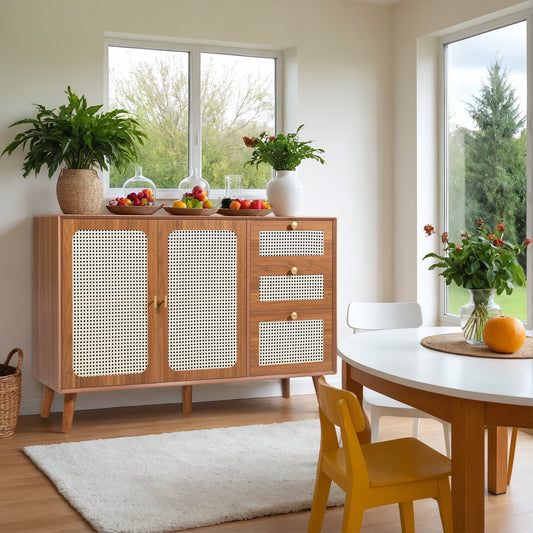 ENYOPRO Storage Cabinet, Rattan Sideboard Buffet Cabinet with Storage, Accent Cabinet with Adjustable Shelf, 3 Drawer and 2 Door, Solid Wood Legs, Rattan Chest for Living Room, Bedroom, Walnut