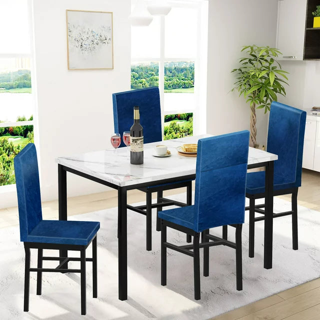 SESSLIFE 5 Pieces Dining Table Set, Dining Table Set for 4 for Dining Room, Breakfast Nook, Compact Space, Kitchen Table Set with Faux Marble Pattern Table and 4 Velvet Chairs