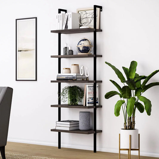 SESSLIFE 5-Shelf Tall Bookcase, Wall Mount Bookshelf, Dark Walnut Wood with Black Metal Frame