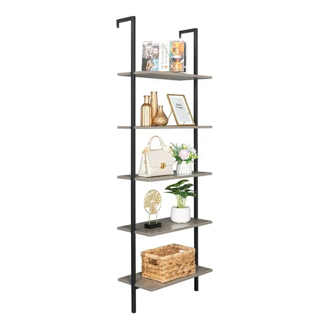SESSLIFE 5-Shelf Tall Bookcase, Wall Mount Bookshelf, Dark Walnut Wood with Black Metal Frame