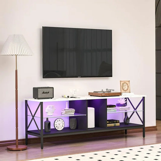 SESSLIFE 61.81''TV Stand w/ 16 LED Lights, White Entertainment Center, Wooden TV Cabinet with 4 Storage Shelves, TV Console Stand for Living Room Bedroom