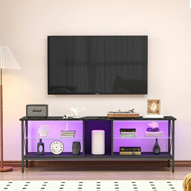 SESSLIFE 61.81''TV Stand w/ 16 LED Lights, White Entertainment Center, Wooden TV Cabinet with 4 Storage Shelves, TV Console Stand for Living Room Bedroom