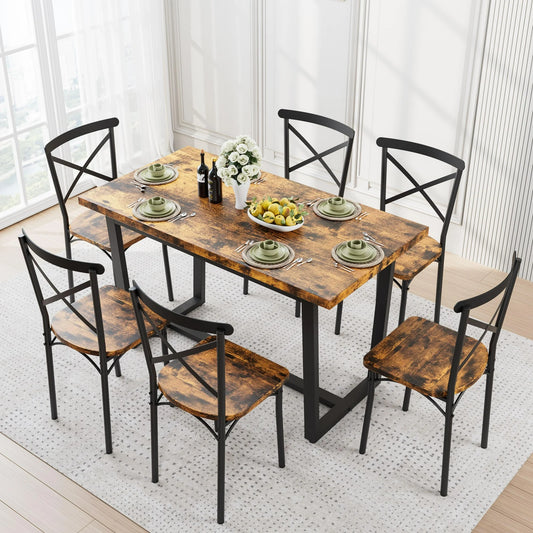 SESSLIFE 7 Pieces Dining Table Set, Modern Kitchen Wood Table and 6 Chairs for Breakfast Small Spaces, Brown