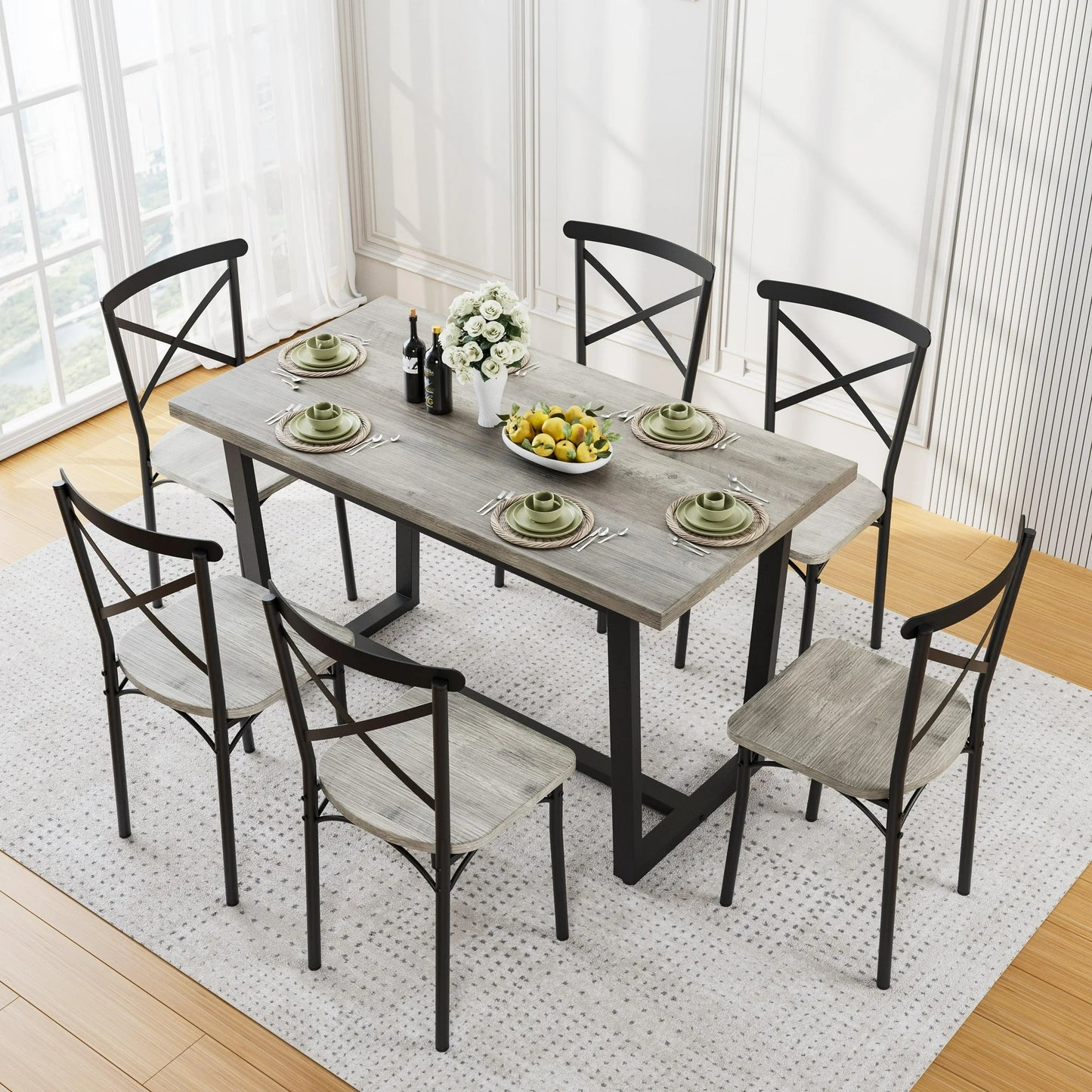 SESSLIFE 7 Pieces Dining Table Set, Modern Kitchen Wood Table and 6 Chairs for Breakfast Small Spaces, Brown