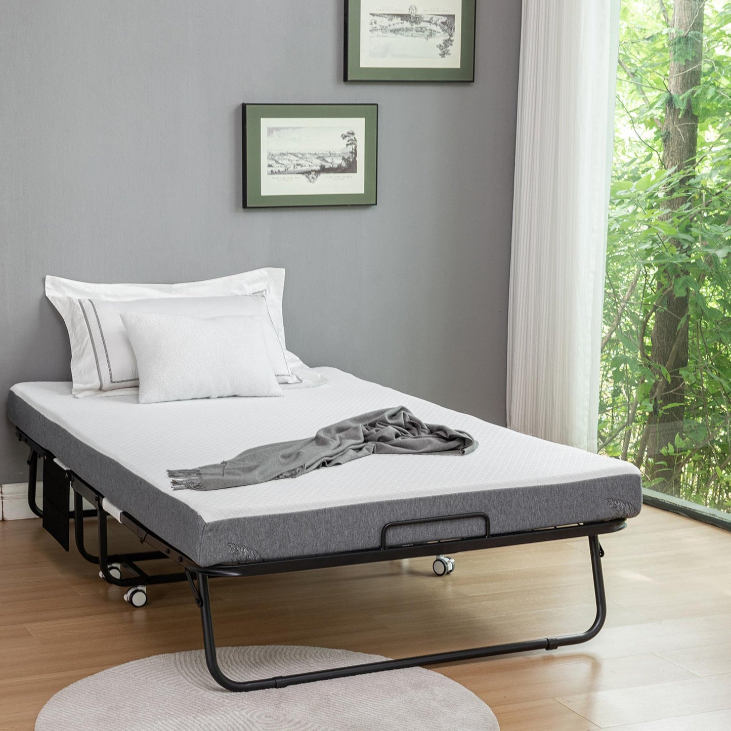 Sesslife 75x38 Folding Bed Bed Frame With Mattress, Roll Away Adult Bed on Wheels for Guests, 3.9-inch Thick Memory Foam Mattress, Space Saving Fold Up Bed for Easy Storage