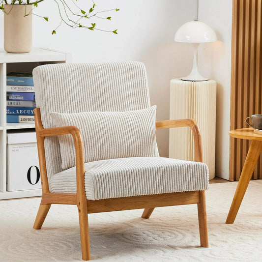 ENYOPRO Accent Chair, Upholstered Comfy Single Sofa with Wood Feet, Mid Century Armchair for Bedroom, Living Room, Modern Comfy Reading Chair, Beige