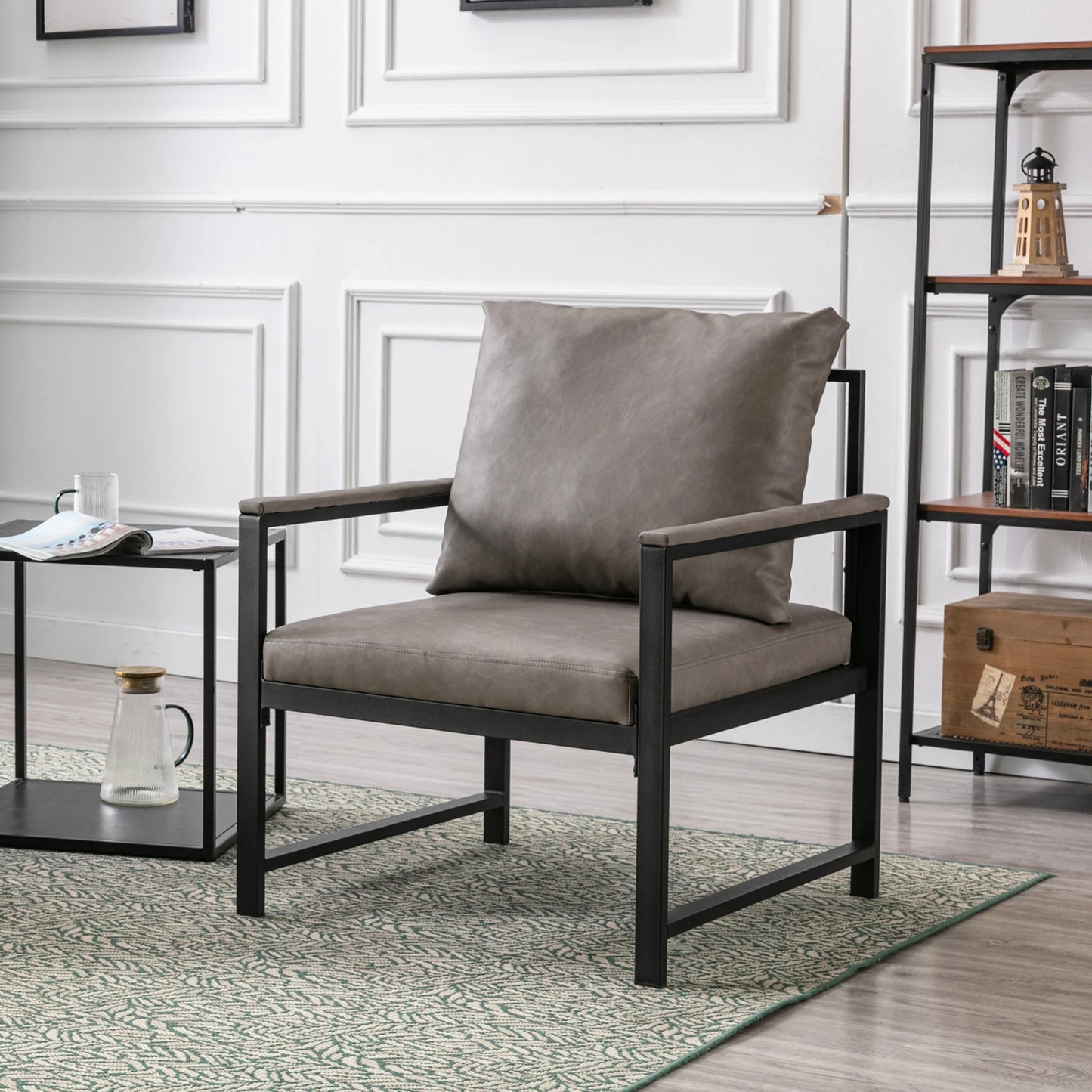 SESSLIFE Modern Accent Chair with Seat Cushion, Beige Reading Chair, Comfy Lounge Chair with Metal Legs, Single Sofa Comfy PU Arm Chair for Living Room Bedroom