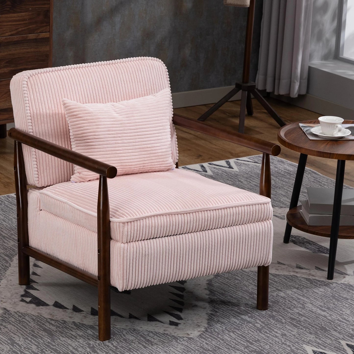 SESSLIFE Accent Chair with Storage Space, Upholstered Living Room Chairs with Waist Cushion & Wood Frame, Reading Armchair for Bedroom Sunroom, Pink