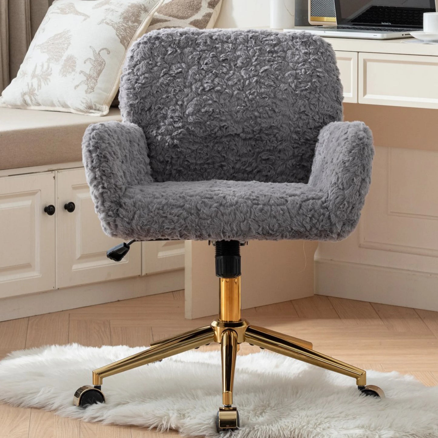ENYOPRO Office Chair with Chrome Legs, Ergonomic Teddy Desk Chair Vanity Chair with Wheels, Modern Computer Chair for Home Office, White