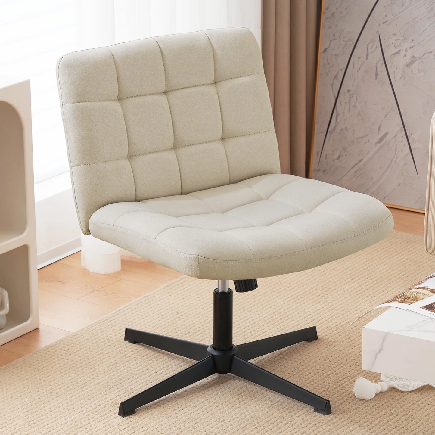 SESSLIFE Armless Office Chair with Wheels, Ergonomic Wide Seat PU Leather Desk Chair, Back Adjustable Modern Accent Chair for Home Office, Sherpa