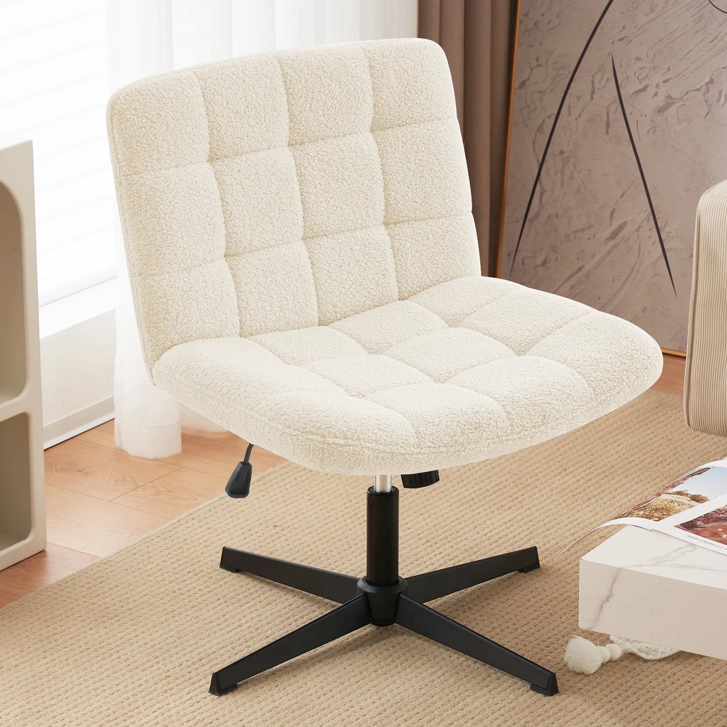 SESSLIFE Armless Office Chair with Wheels, Ergonomic Wide Seat PU Leather Desk Chair, Back Adjustable Modern Accent Chair for Home Office, Sherpa
