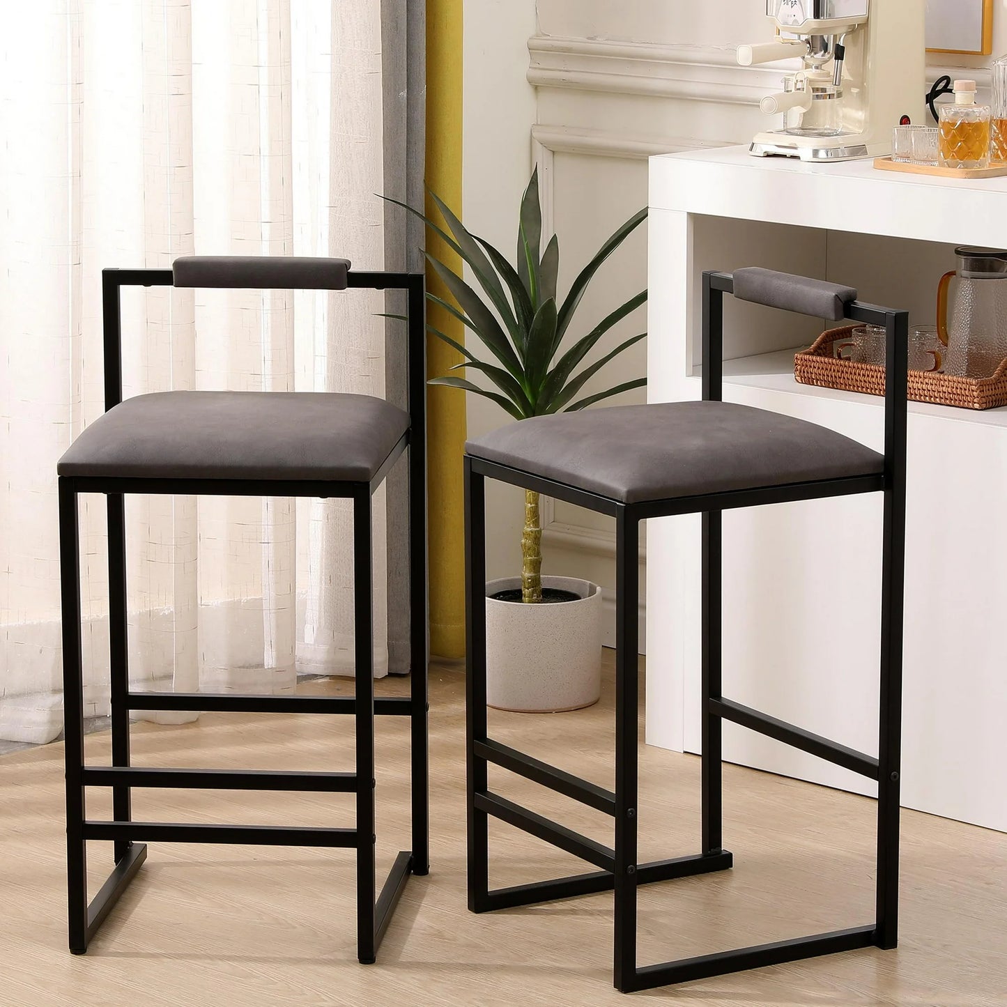 ENYOPRO Bar Chairs Set of 2, Counter Height Bar Chairs for Kitchen Counter, Paper Rope Weave Kitchen Chairs with Metal Legs, Bar Chairs for Restaurant, Coffee Shop,Gray