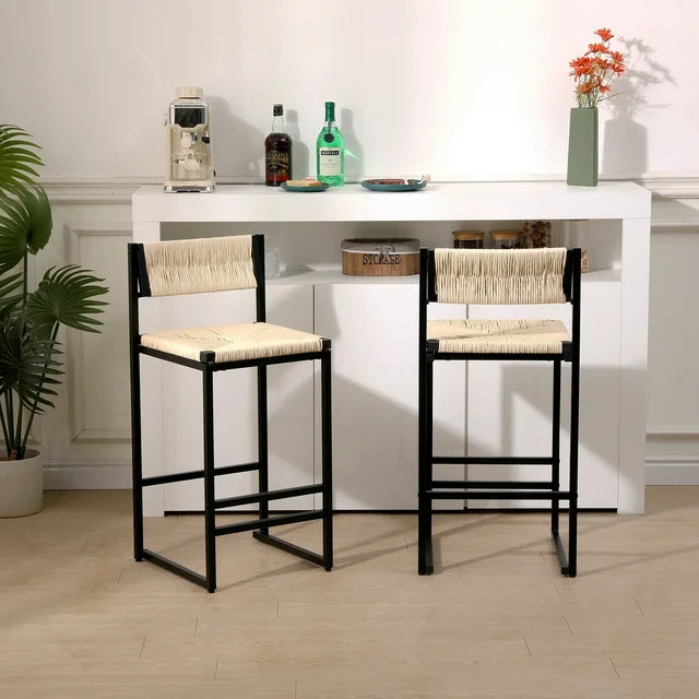 ENYOPRO Bar Chairs Set of 2, Counter Height Bar Chairs for Kitchen Counter, Paper Rope Weave Kitchen Chairs with Metal Legs, Bar Chairs for Restaurant, Coffee Shop,Gray