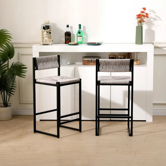 ENYOPRO Bar Chairs Set of 2, Counter Height Bar Chairs for Kitchen Counter, Paper Rope Weave Kitchen Chairs with Metal Legs, Bar Chairs for Restaurant, Coffee Shop,Gray