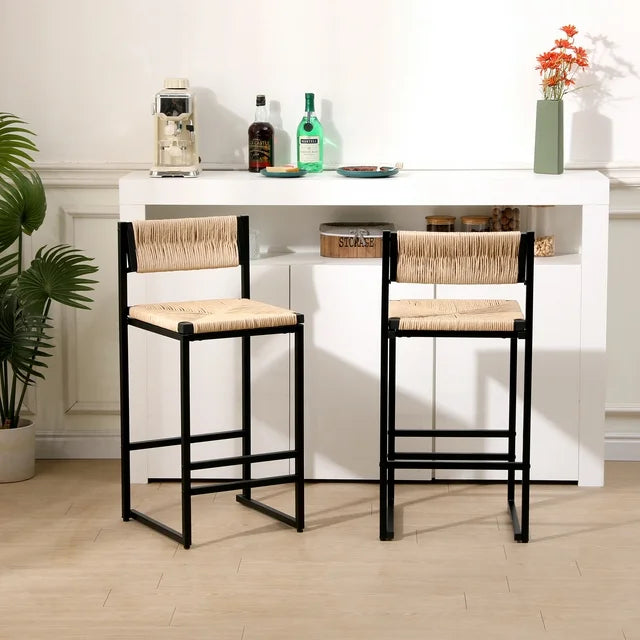 ENYOPRO Bar Chairs Set of 2, Counter Height Bar Chairs for Kitchen Counter, Paper Rope Weave Kitchen Chairs with Metal Legs, Bar Chairs for Restaurant, Coffee Shop,Gray