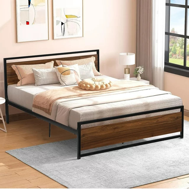 SESSLIFE Black Full Metal Bed Frame, High Metal Platform Bed w/ Wood Headboard, Adults Kids Modern Bed Frame, Mattress Foundation, No Box Spring Needed, Easy Assembly