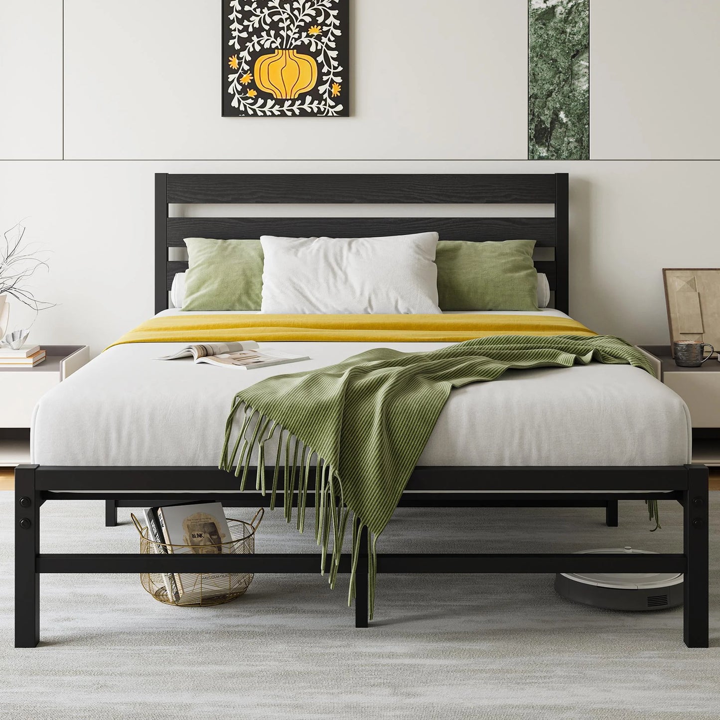 ENYOPRO Black Full Metal Bed Frame, High Metal Platform Bed w/ Wood Headboard, Adults Kids Modern Bed Frame, Mattress Foundation, No Box Spring Needed, Easy Assembly