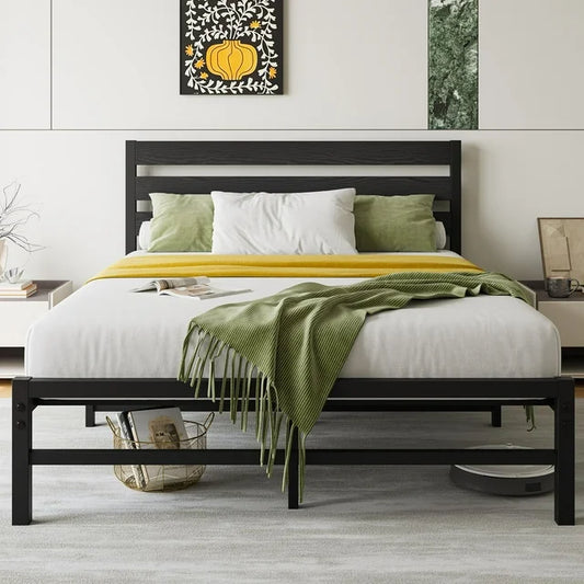 ENYOPRO Black Full Metal Bed Frame, High Metal Platform Bed w/ Wood Headboard, Adults Kids Modern Bed Frame, Mattress Foundation, No Box Spring Needed, Easy Assembly
