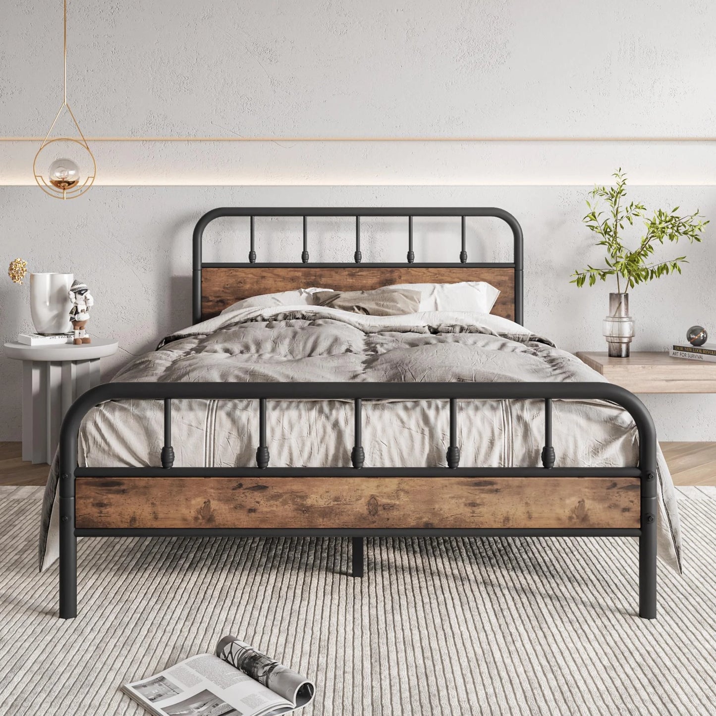 SESSLIFE Black Queen Metal Bed Frame, Platform Bed w/ Wood Headboard and Footboard, Adults Modern Bed Frame, No Box Spring Needed, Easy Assembly,Vintage Brown