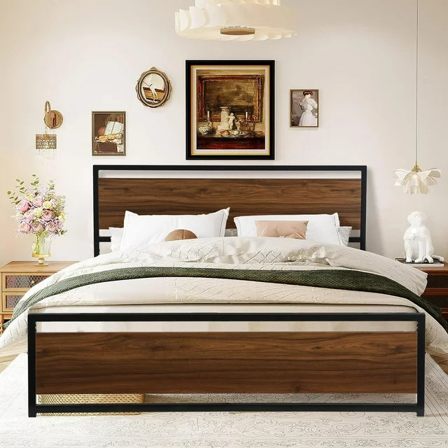 SESSLIFE Black Full Metal Bed Frame, High Metal Platform Bed w/ Wood Headboard, Adults Kids Modern Bed Frame, Mattress Foundation, No Box Spring Needed, Easy Assembly