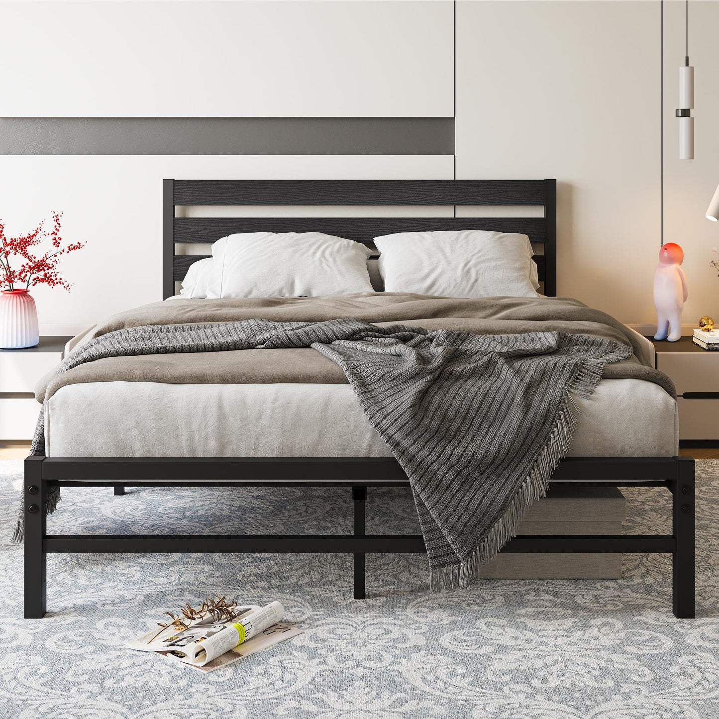 ENYOPRO Black Full Metal Bed Frame, High Metal Platform Bed w/ Wood Headboard, Adults Kids Modern Bed Frame, Mattress Foundation, No Box Spring Needed, Easy Assembly