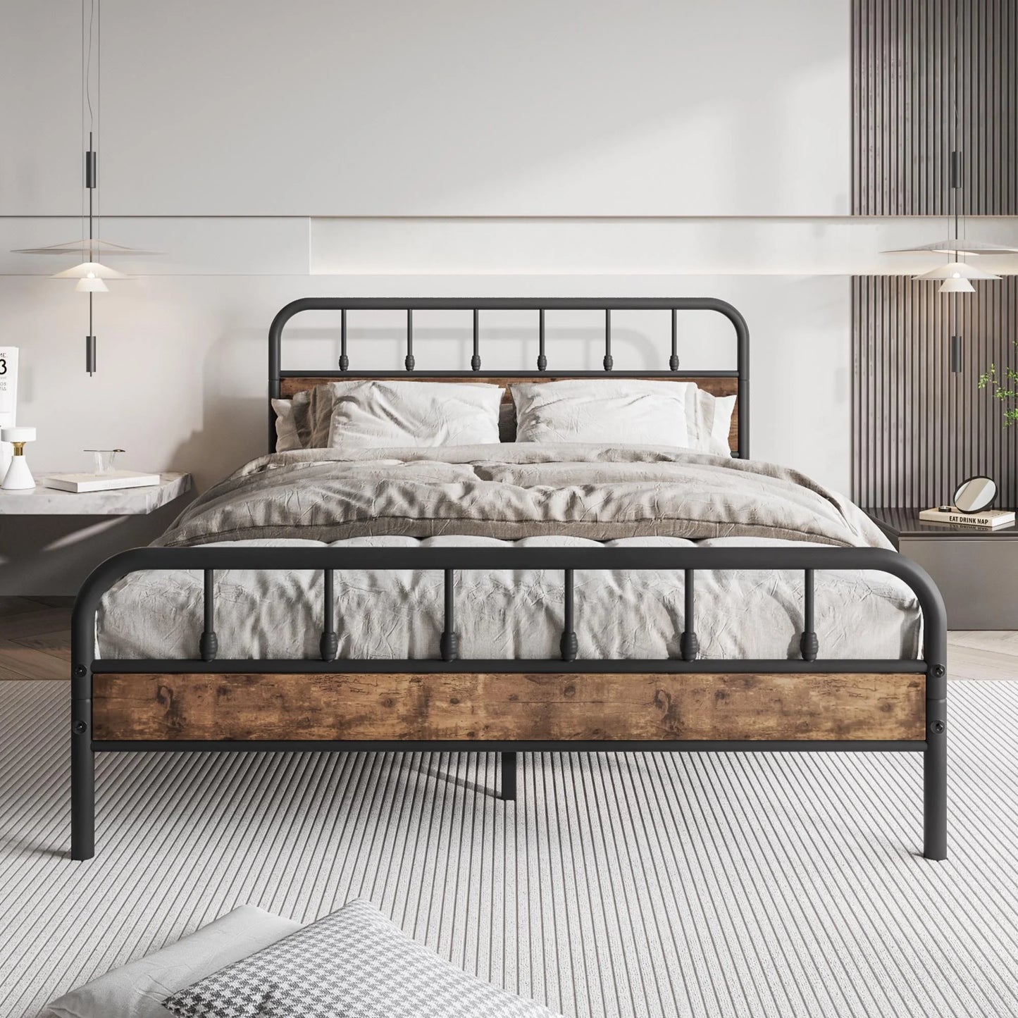 SESSLIFE Black Queen Metal Bed Frame, Platform Bed w/ Wood Headboard and Footboard, Adults Modern Bed Frame, No Box Spring Needed, Easy Assembly,Vintage Brown