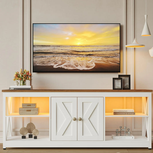 ENYOPRO White TV Stand for 65 Inch TV, Modern TV Cabinet with LED Light