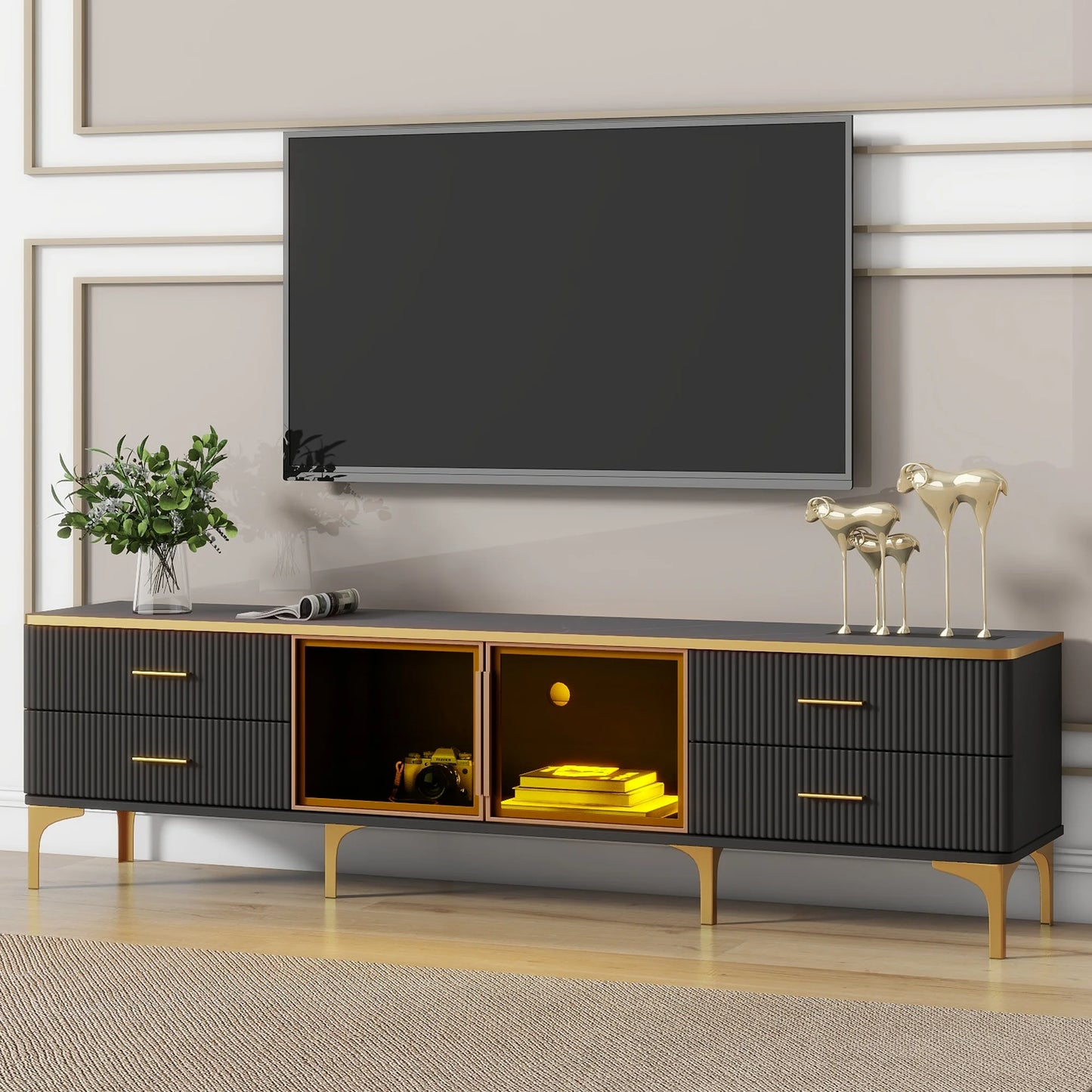 SESSLIFE TV Stand with Glass Doors for 75 Inch TV, TV Cabinet with LED Light, Modern Wood Entertainment Center, Black