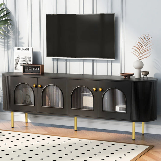 SESSLIFE Black TV Stand with 4 Cabinets for 80 Inch TV, Modern TV Cabinet with Metal Legs and Handles, Living Room Entertainment Center