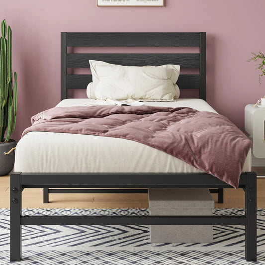 SESSLIFE Black Twin Metal Bed Frame, High Metal Platform Bed w/ Wood Headboard, Adults Kids Modern Bed Frame, Mattress Foundation, No Box Spring Needed, Easy Assembly