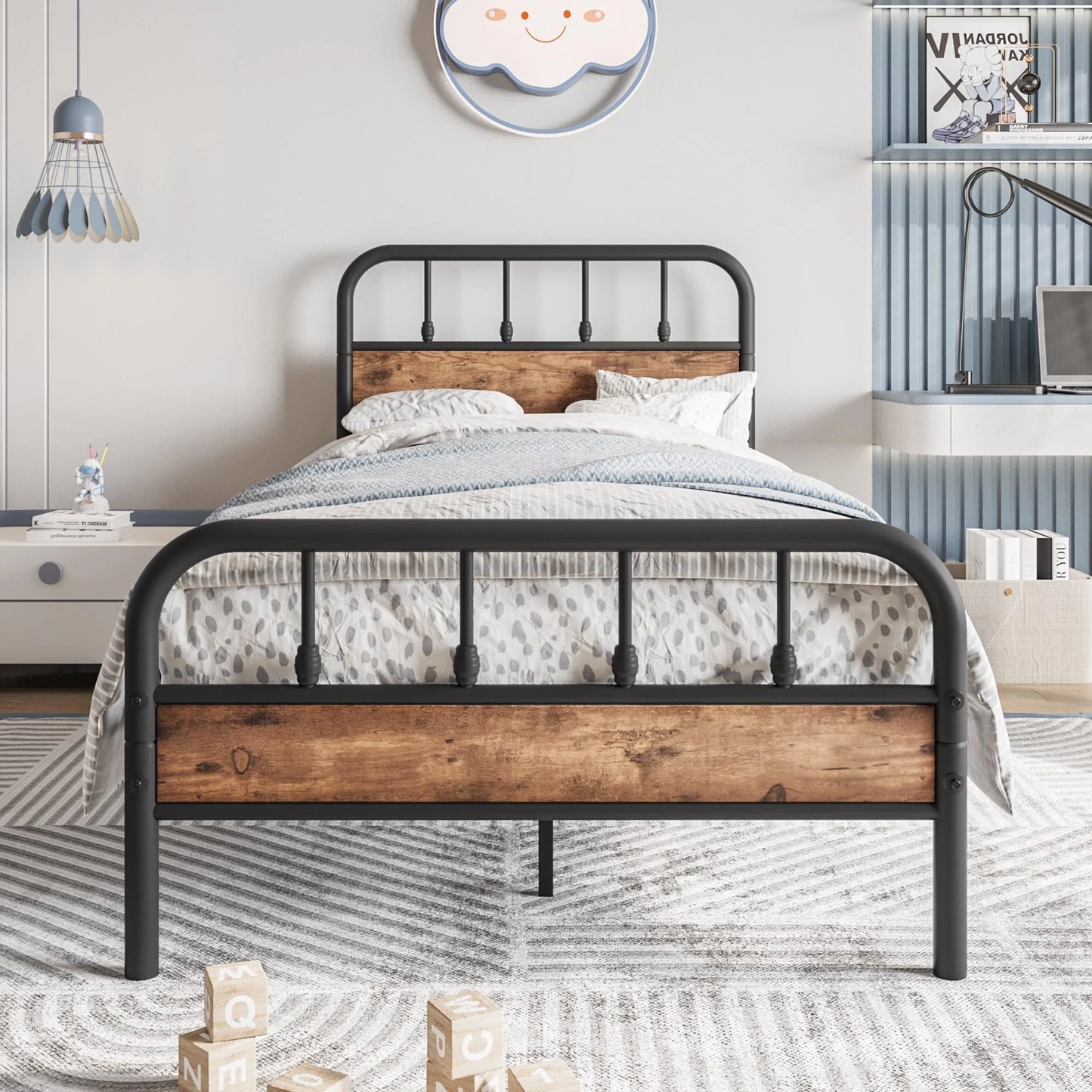 SESSLIFE Black Queen Metal Bed Frame, Platform Bed w/ Wood Headboard and Footboard, Adults Modern Bed Frame, No Box Spring Needed, Easy Assembly,Vintage Brown