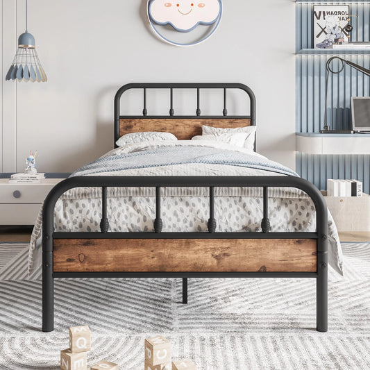 SESSLIFE Black Queen Metal Bed Frame, Platform Bed w/ Wood Headboard and Footboard, Adults Modern Bed Frame, No Box Spring Needed, Easy Assembly,Vintage Brown