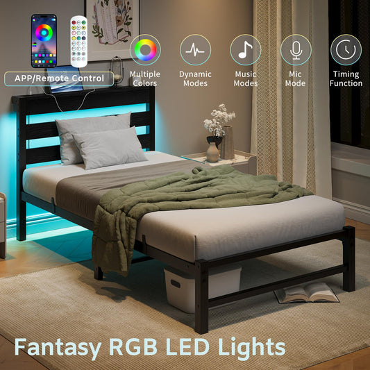 ENYOPRO Black Twin Metal Bed Frame with LED Light, Platform Bed w/ Wood Headboard, Adults Modern Bed Frame, No Box Spring Needed, Easy Assembly
