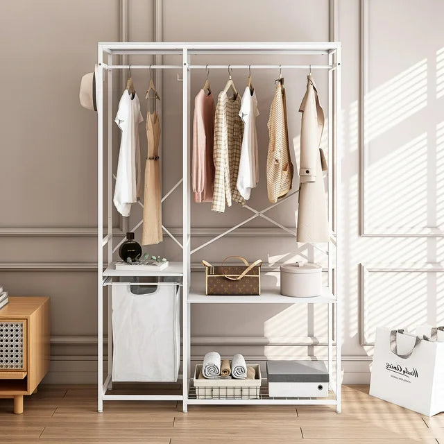 Sesslife Free-Standing Closet Organizer, Heavy Duty Clothes Closet with Shelves, Black Metal Frame