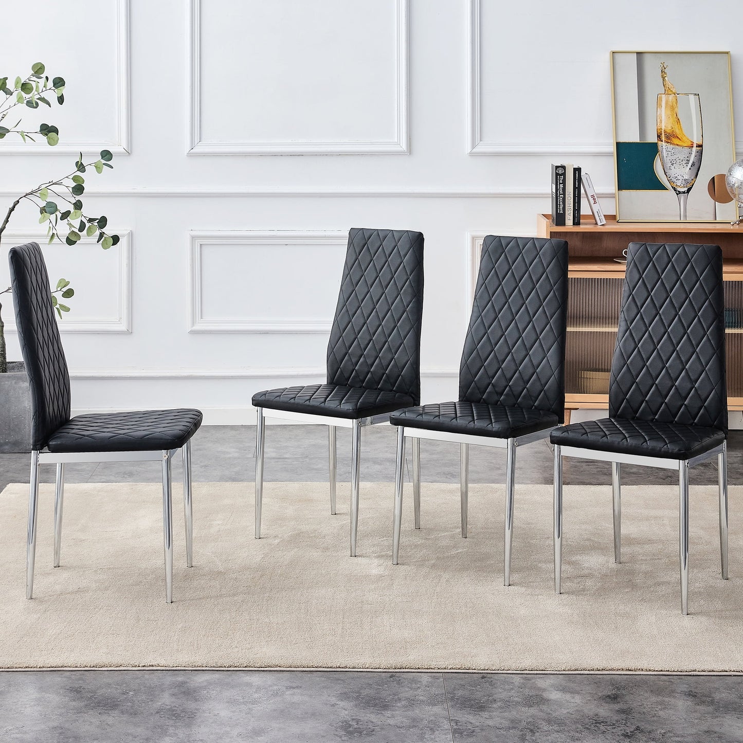 Sesslife Dining Chairs Set of 4, Dining Living Room Kitchen Chairs PU Leather Padded Chair with Solid Metal Legs, Urban Style Armless Checkered Dining Chair, Ergonomic Cushion Chair High Back, Black