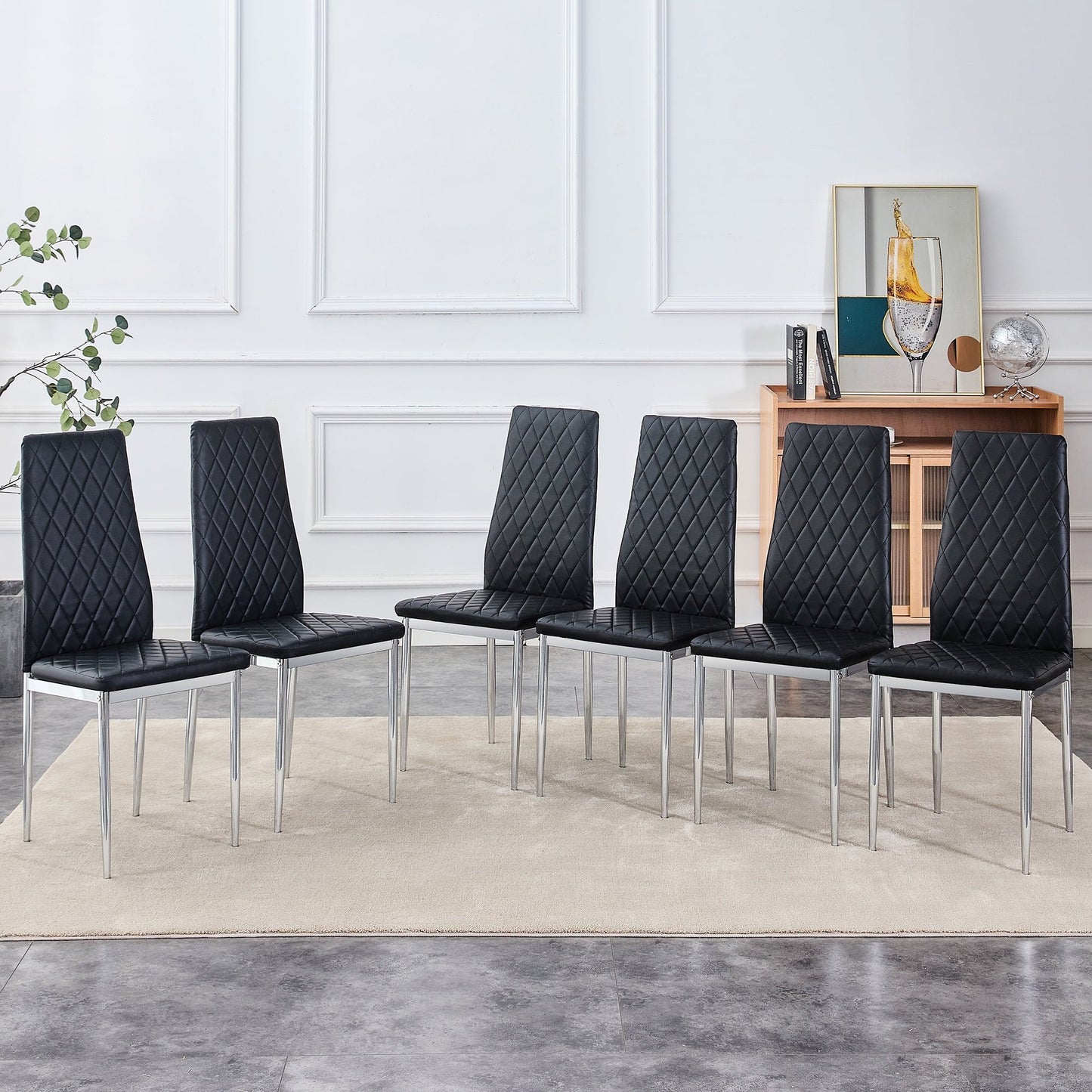 Sesslife Dining Chairs Set of 6, Dining Living Room Kitchen Chairs PU Leather Padded Chair with Solid Metal Legs, Urban Style Armless Checkered Dining Chair, Ergonomic Cushion Chair High Back, Black