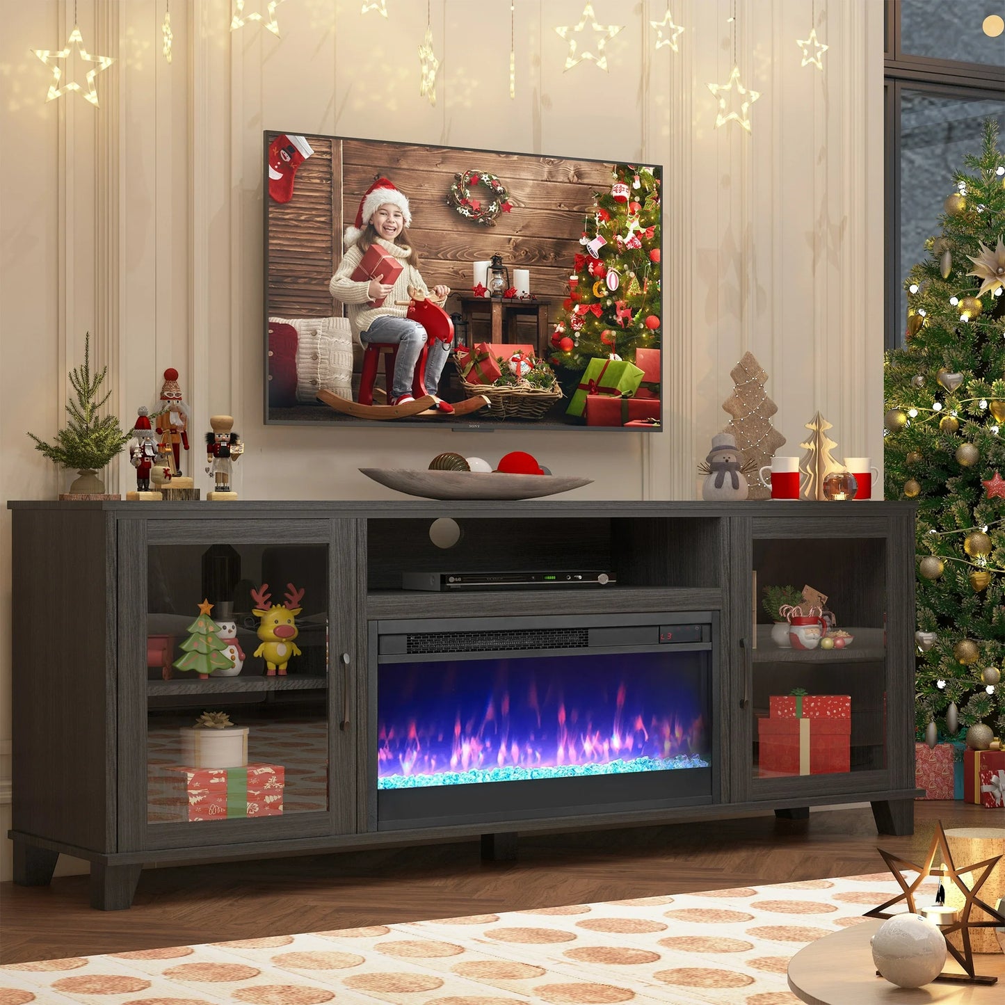 SESSLIFE Fireplace TV Stand for 60 Inch TV, TV Console with 23''Electric Fireplace, Console Entertainment Center Television Table for Living Room or Bedroom, Gray