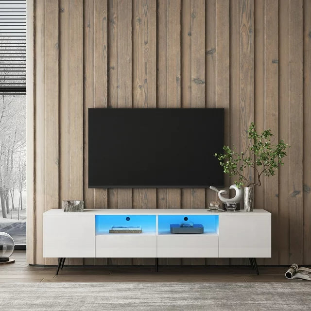 SESSLIFE TV Console Table for 70 Inch TV, Large Television Stand with RGB LED Lights, Farmhouse Wood Entertainment Center， TV Cabinet with 2 Drawers, TV Cabinet for Living Room, Bedroom