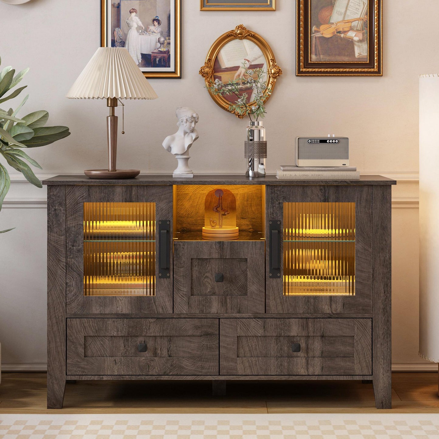 SESSLIFE Farmhouse Sideboard Buffet Storage Cabinet with 16 LED Lights and 2 Glass Doors, White Cupboard for Kitchen, Dining Room and Living Room
