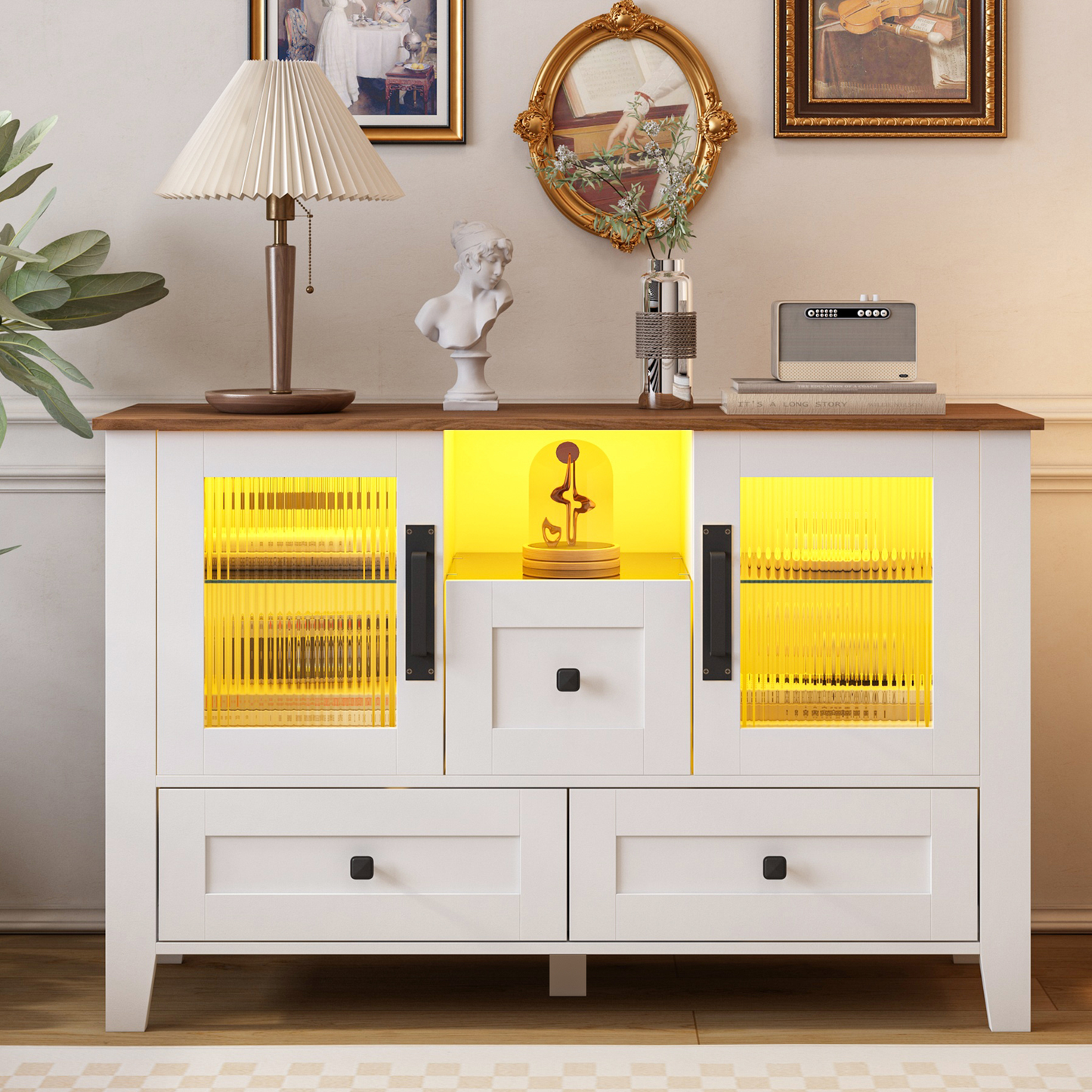 SESSLIFE Farmhouse Sideboard Buffet Storage Cabinet with 16 LED Lights and 2 Glass Doors, White Cupboard for Kitchen, Dining Room and Living Room