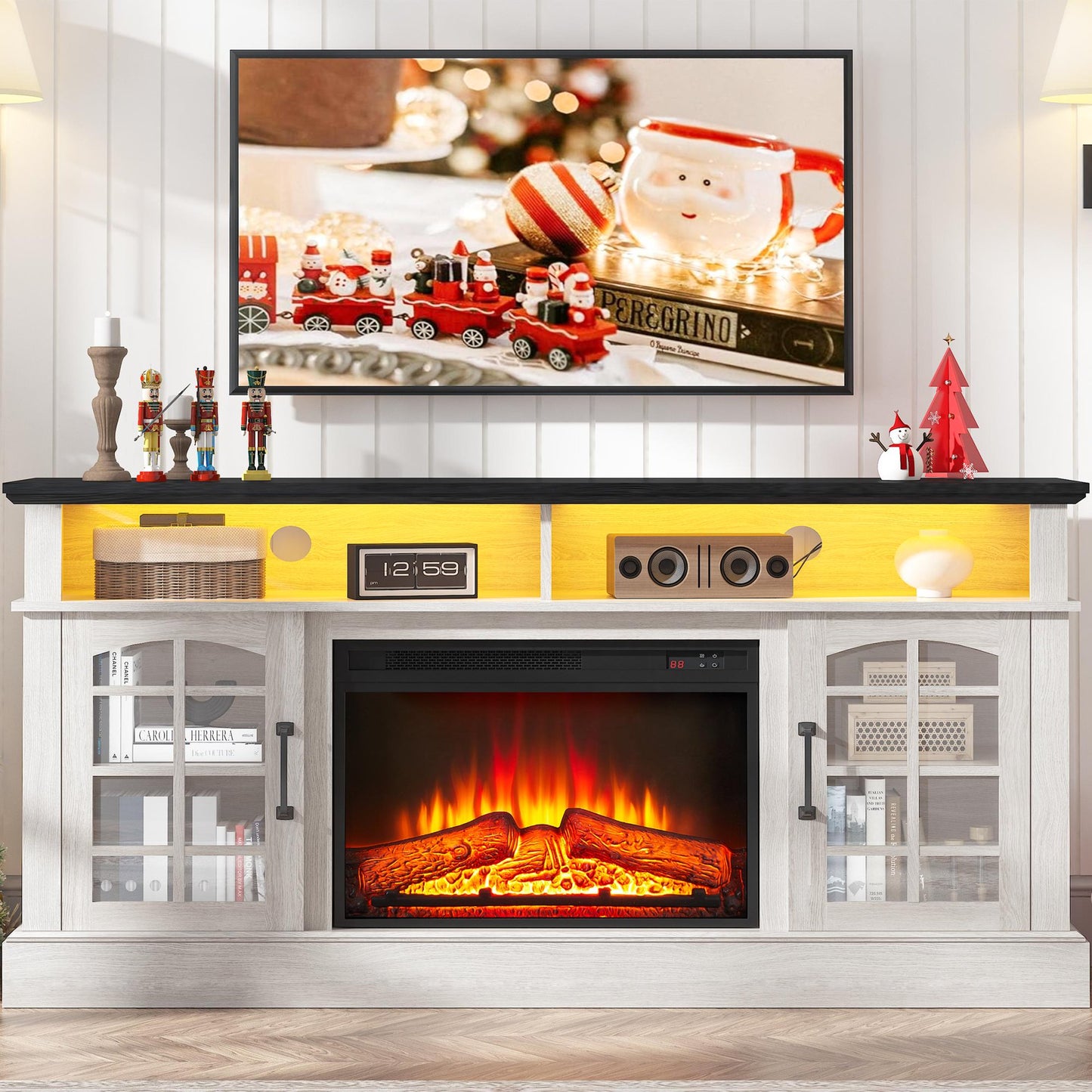 ENYOPRO Fireplace TV Stand with LED Light for 65 Inch TV, TV Console with 24''Electric Fireplace, Console Entertainment Center Television Table for Living Room or Bedroom, White+Brown